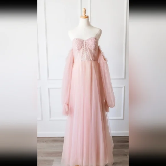 Romantic Blush Off-Shoulder Gown; Corset Style With Tulle Overlay - Picture 2 of 4